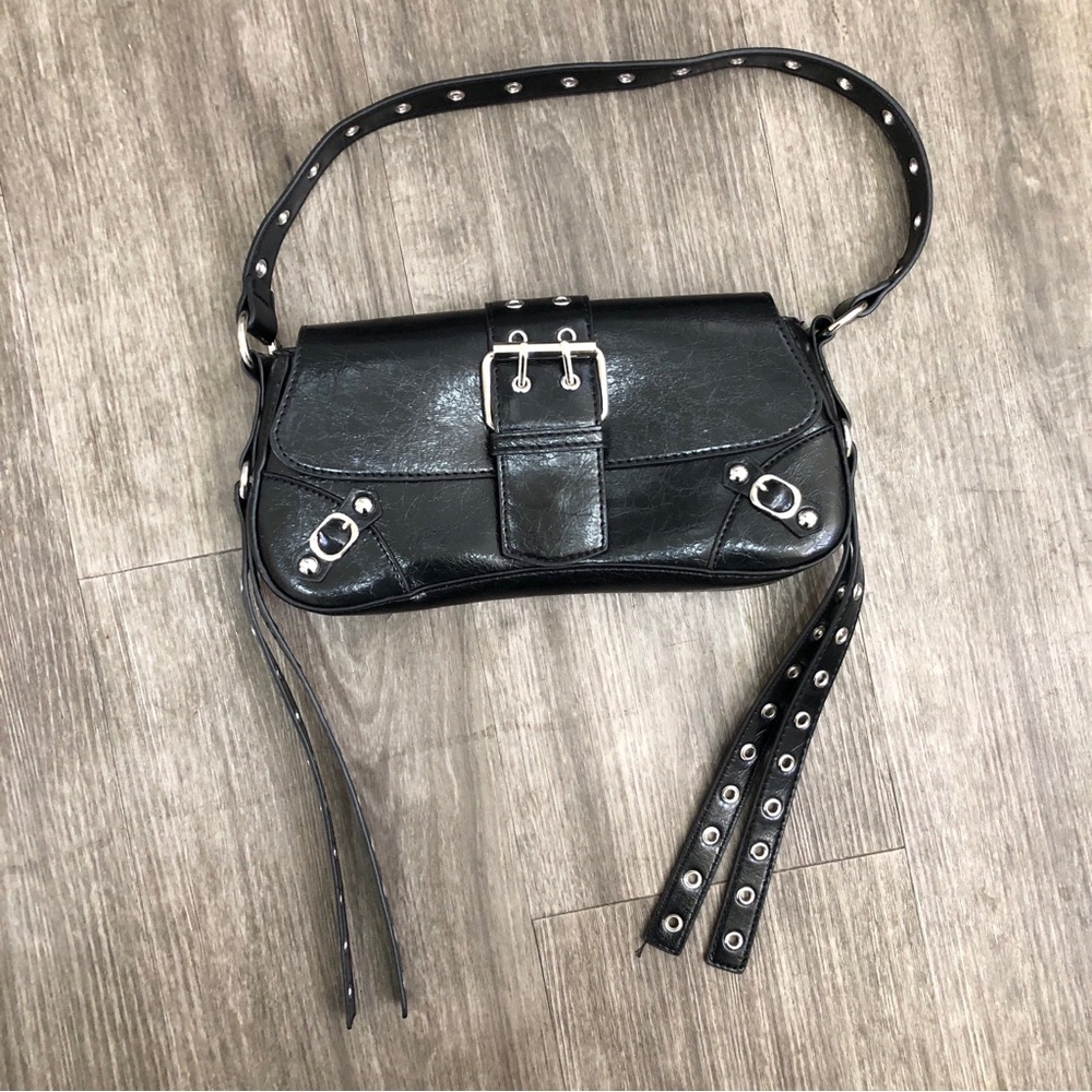 Black Faux Leather Buckled Purse